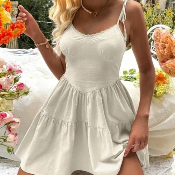 beige Ruffle Hem Lace Trim Cami Dress - Picture 1 of 5